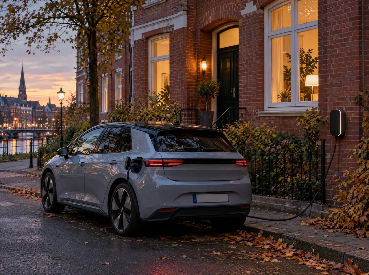 Elektroauto lädt abends an der Wallbox vor einem Hamburger Klinkerhaus