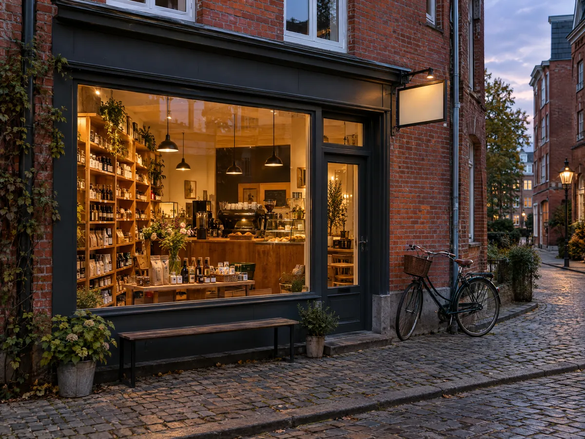 Kleiner Laden im Erdgeschoss eines Hamburger Klinkerhauses in der Abenddämmerung, das Schaufenster leuchtet warm