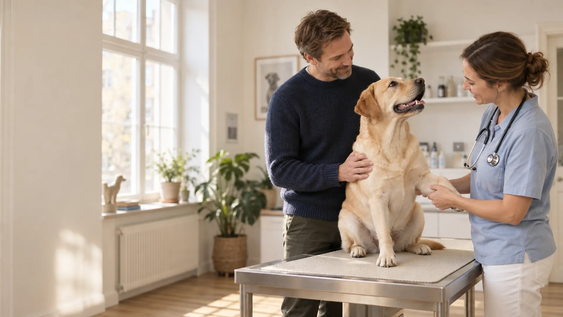 Mann im dunkelblauen Pullover und eine Tierärztin mit Stethoskop lächeln einen gelben Labrador an, der auf dem Behandlungstisch einer hellen Altbau-Tierarztpraxis sitzt und der Ärztin die Pfote gibt